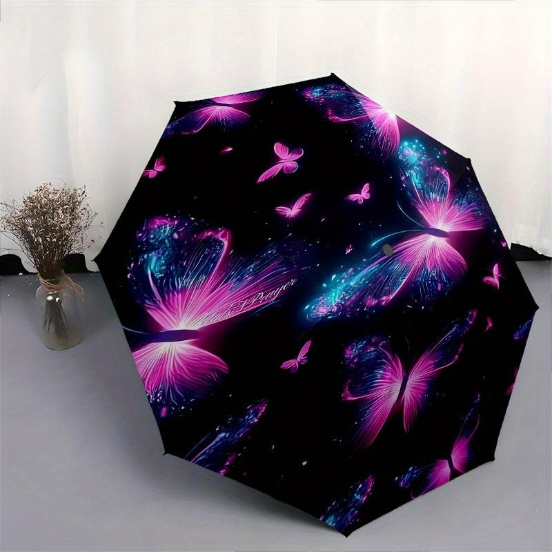 Butterfly, Neon Automatic Folding Umbrella  8 Ribs, Durable Iron Frame, Bright Color Pattern Compact Travel Umbrella, Suitable for Outdoor,