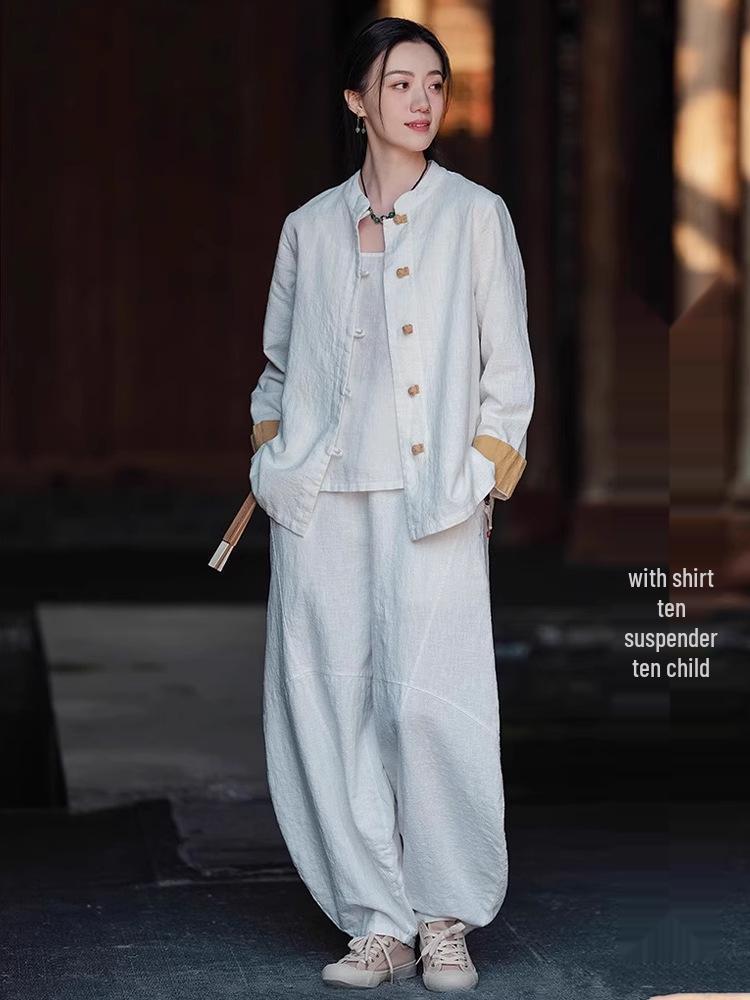 Young Women's Cotton-Linen Zen-Inspired Frog Button Cardigan for Eight Brocades Exercise
