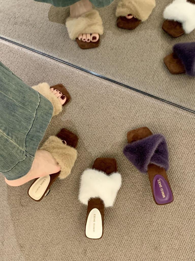 High Heels French Temperament Purple Fluffy Shoes Women's Shoes Wear 2025 New Autumn One-word Plush Cotton Slippers