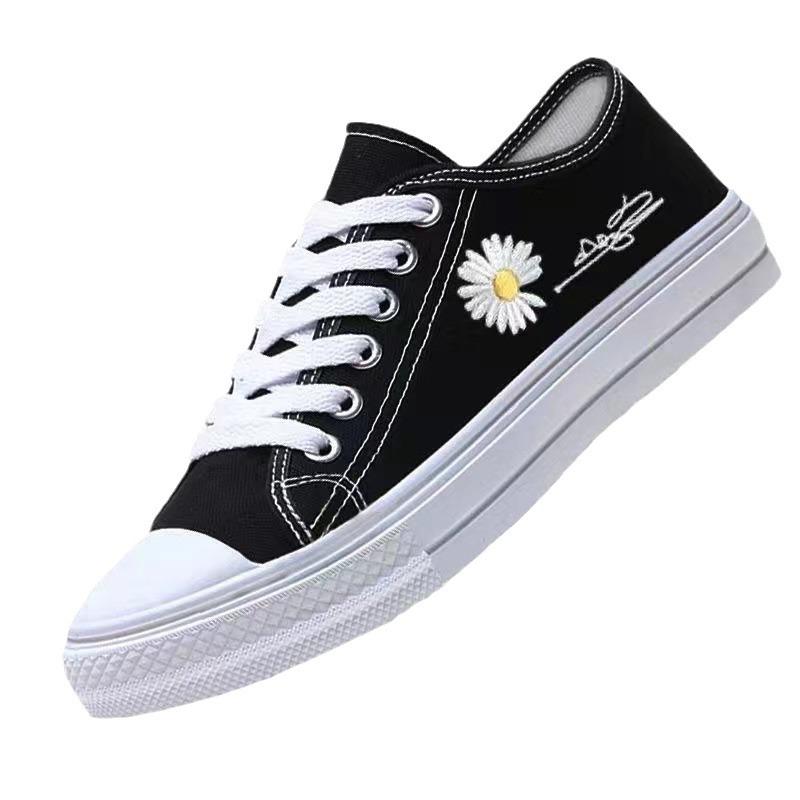 Frühlings- und Sommer-Canvas-Schuhe für Studentinnen, bequeme Mode-Trend, lässige Board-Schuhe, Schnür-Einzelschuhe mit kleinen Gänseblümchen