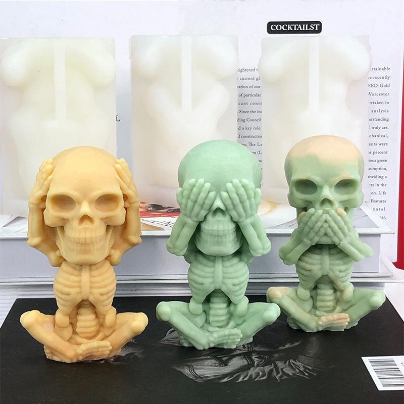 Cute Skull Silicone Candle Mold DIY Halloween Aromatic Candle Making Supplies Resin Soap Mold Christmas Gift Craft Home Decor Not See/Listen/Speak