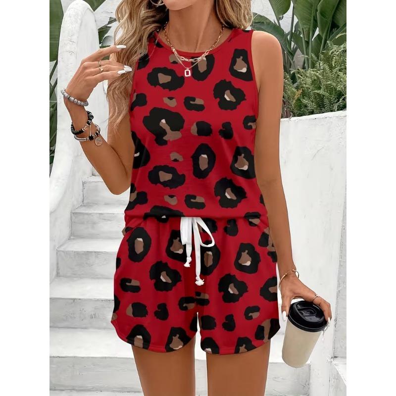 Women Zebra Print Sleeveless Top And Drawstring Shorts Two Piece Set