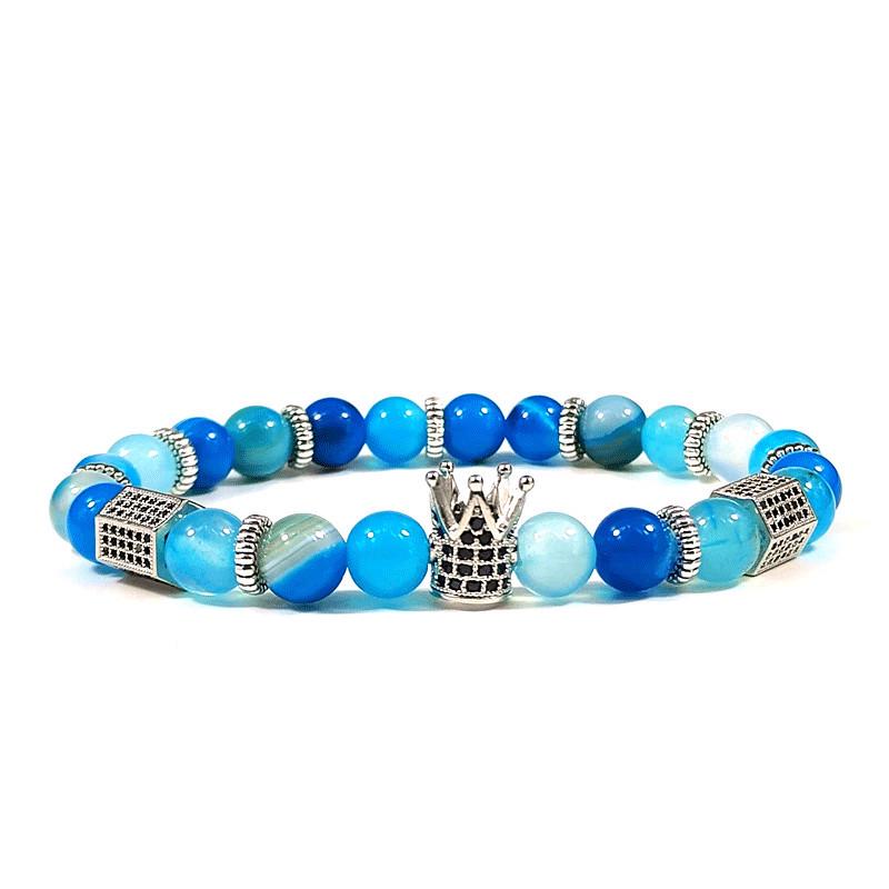 8mm Natürliches gestreiftes Achat Kronenarmband mit Kupfer- und Zirkon-Sechseck-Akzenten