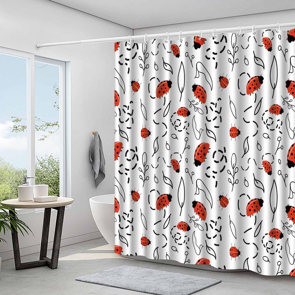 1 pezzo Tenda da doccia pattern coccinella e foglia minimalista nordica, tenda da bagno elegante di alta gamma, pattern decorativo per bagno