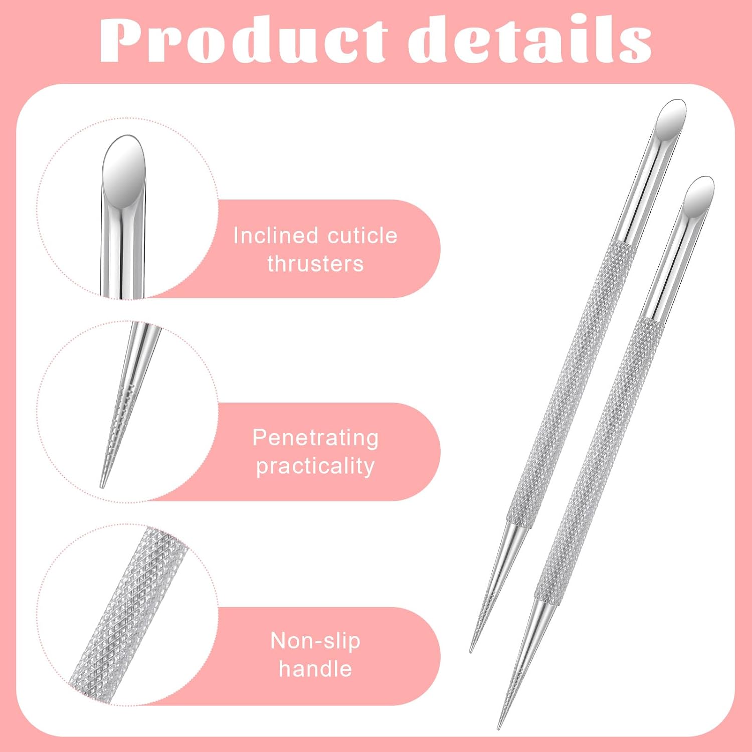2 шт. Ручка-пушер для кутикулы ногтей, Металлические двусторонние инструменты для ногтей, Нержавеющая сталь, Пушер для кутикулы, Точечная ручка для ногтей, Профессиональное средство для удаления кутикулы
