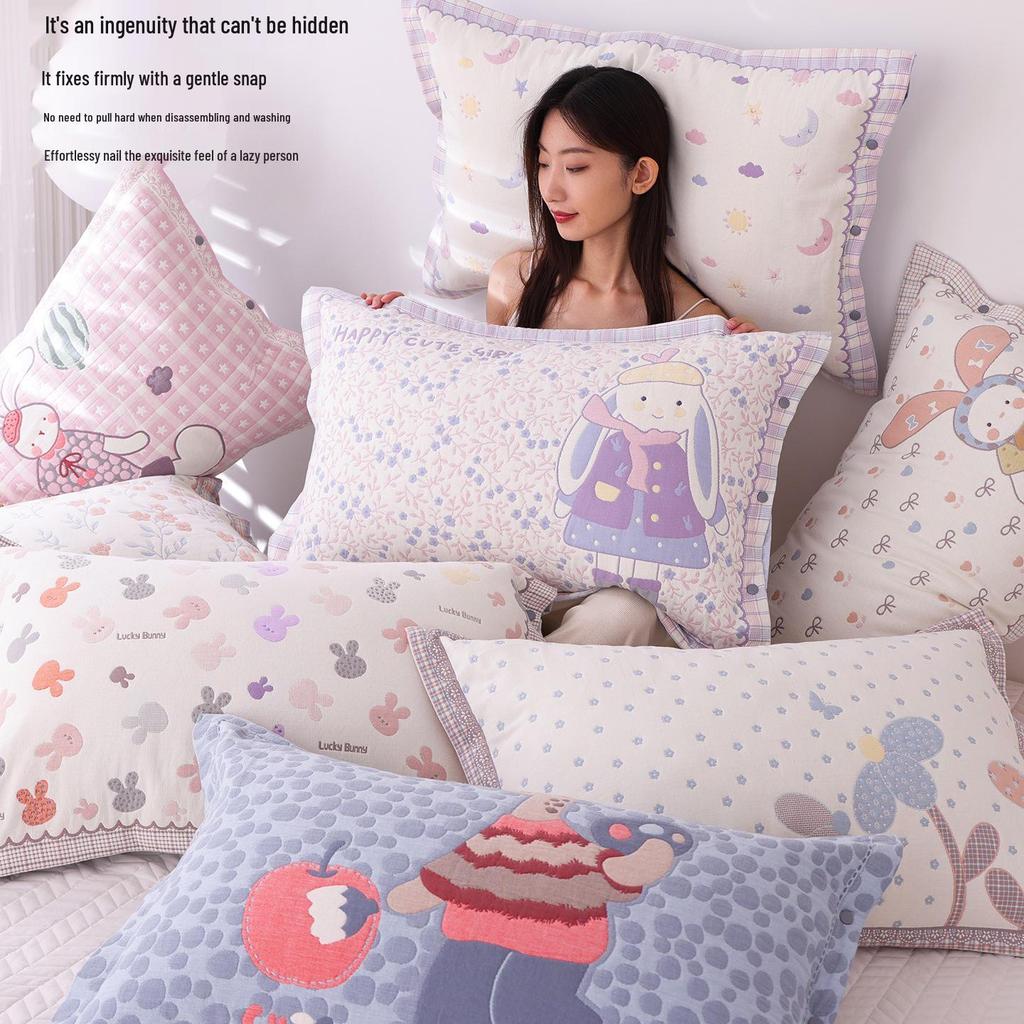 High-Density Cotton Gauze Snap Pillowcase Set - Cartoon Design, Year-Round Use, Non-Slip, Set of 2