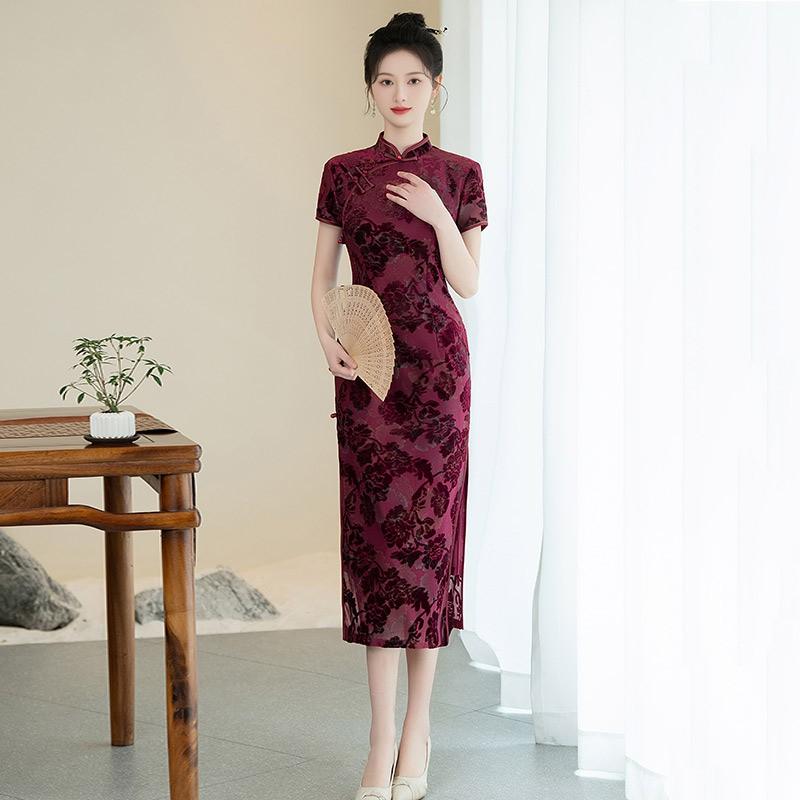 LongChinese-style Qipao Dress Women Vintage Fit Short Sleeve Daily Wear With Stand Collar Side Slit