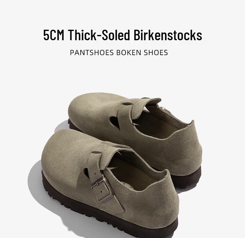 Sangpo Women's 5CM Thick Sole Leather Slip-On with Cork Arch Support, Retro Design, Height Boosting