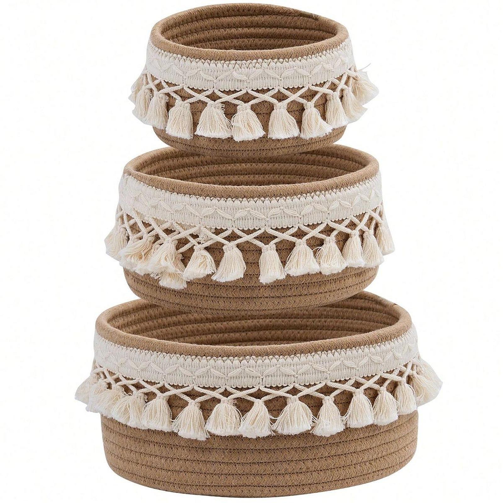 

Rustic Woven Storage Basket Cotton Rope Multi Compartment Organizer for Home Kitchen Countertop Table S 15cmx15cmx8cm