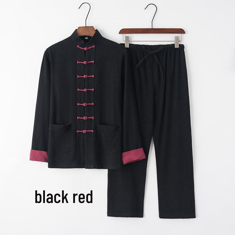 Men's Chinese Style Cotton Linen Tang Suit Jacket & Pants Set with Frog Buttons - Retro Zen Meditation Outfit