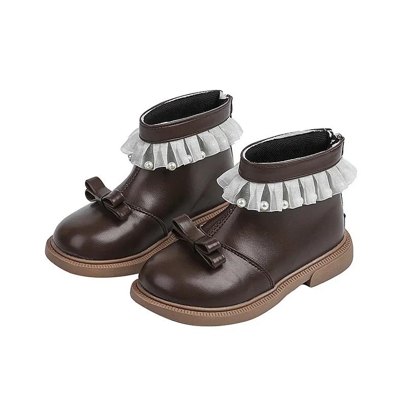 Spring Autumn Girls Fashion Beige Ankle Boots Sweet Children Lolita Leather Boots Causal Versatile Bowknot Princess Kid's Boot