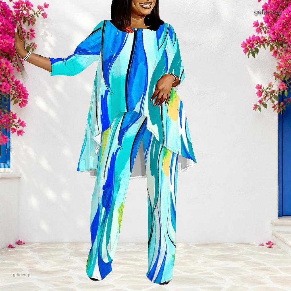 Women Plus Size Blue White Pink Printed Round Neck Long Sleeve Layered Two Piece Pants Set