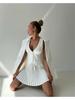 Summer Sexy Patchwork 2 Piece Set Women Elegant Single-breasted Tops + Pleated Mini Skirt Fashion Retro Solid Slim Office Lady Suits