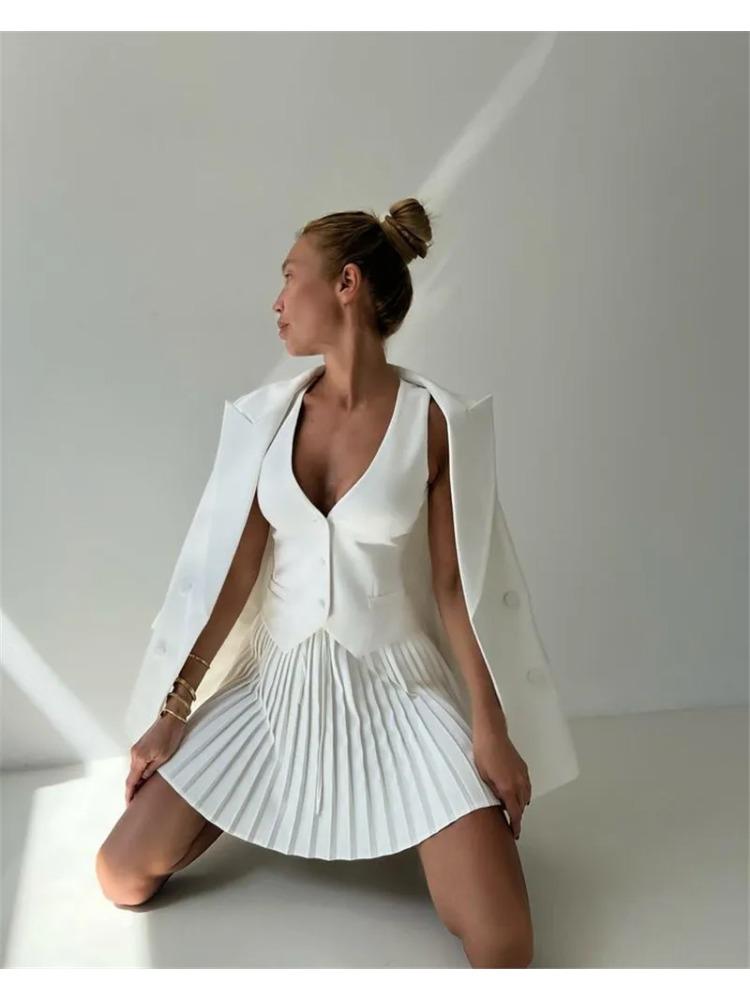 Summer Sexy Patchwork 2 Piece Set Women Elegant Single-breasted Tops + Pleated Mini Skirt Fashion Retro Solid Slim Office Lady Suits