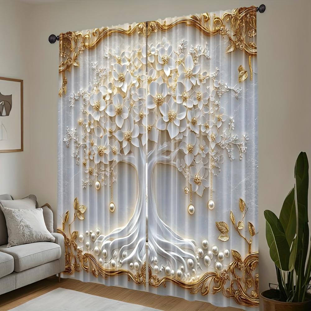 2pcs Elegant Floral Curtains with Gold Accents  Light-Filtering Rod Pocket Design  Ideal for Living Room Bedroom Kitchen and Study