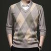 Winter Warm Men's Plaid V-neck Long Sleeved Sweater Knitted Sweater Fashion Casual Versatile Top