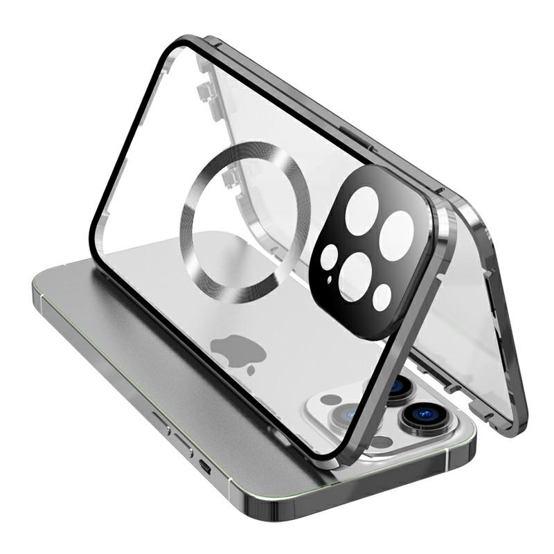 Dual-Sided Tempered Glass+Magnetic Metal Frame Anti-Drop Case for iPhone 15 Compatible with MagSafe Phone Cover with Buckle Lock