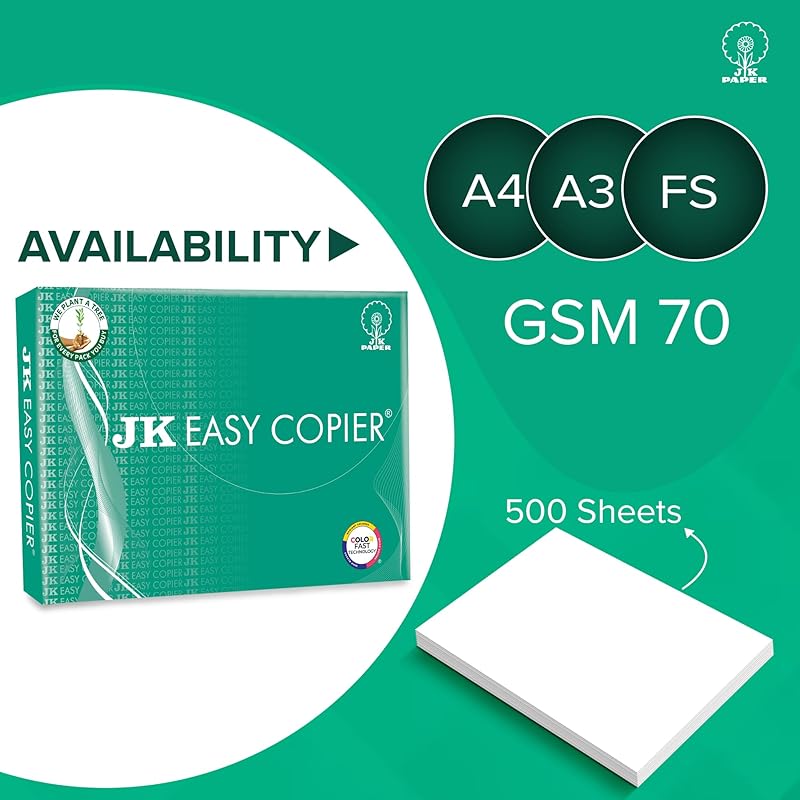 JK Easy Copier Paper | A4 Size | 70 GSM | 500 Sheets | White Paper, 1 Ream | For Laserjet & Inkjet Printer | Fast Drying 500 Count (Pack of 1) белый