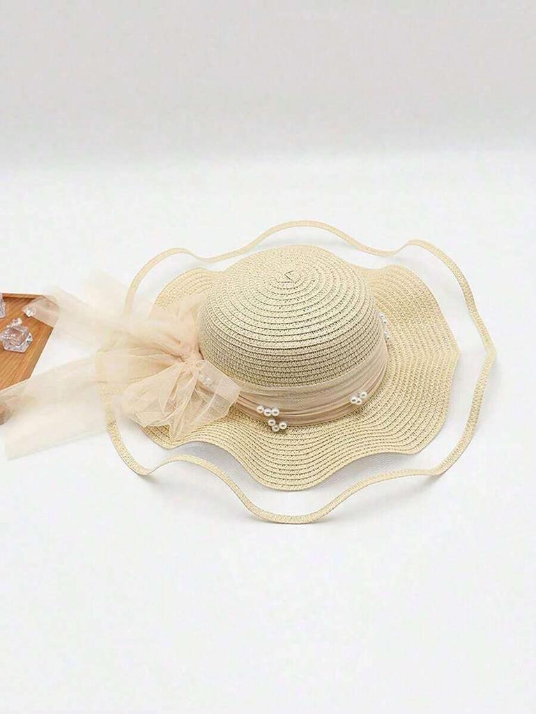 Womens Summer Wide Brim Sun Hat With Wave Mesh And Bow For Beach Travel Sun Protection