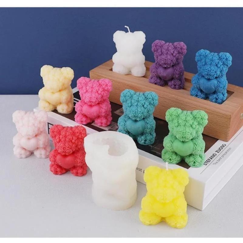 New Funny 1Pcs 3D Valentine's Day Rose Bear Candle Mold Aromatherapy Gypsum Gift Rose Bear Candle Silicone Mold
