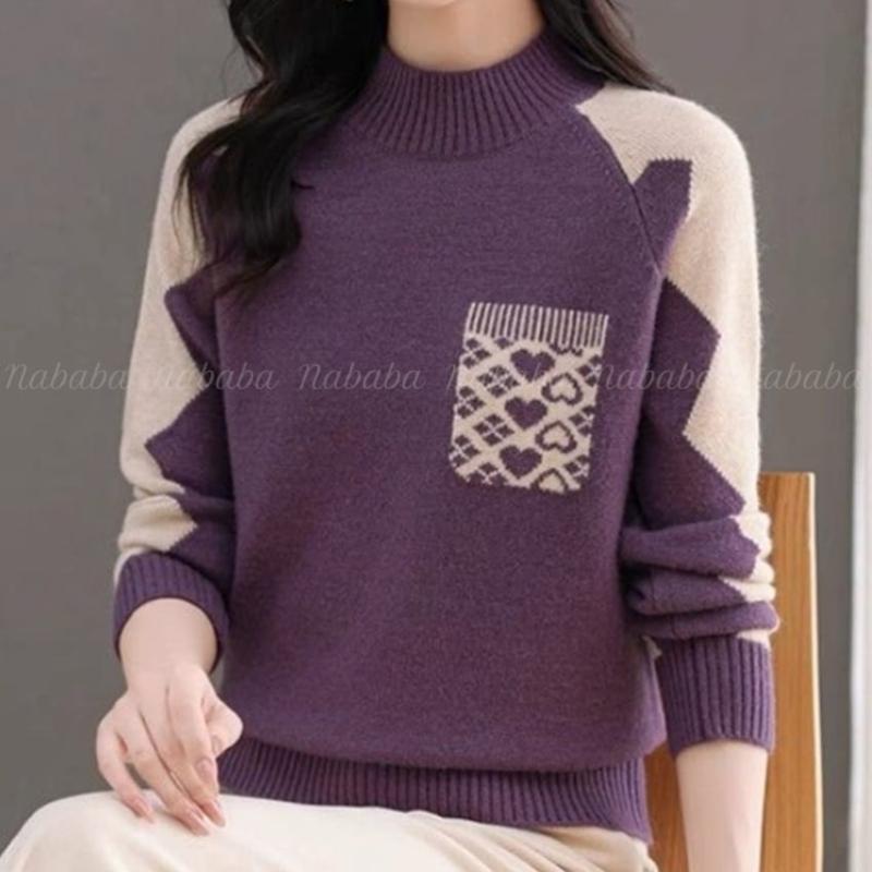 Navava Women Daily Heart Color Point Half Turtleneck Long Sleeve Knit Tee Nk3437