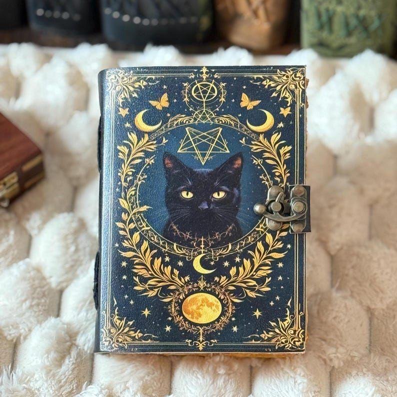 Cat Leather Journal: Vintage Handmade Grimoire, Blank Book of Shadows