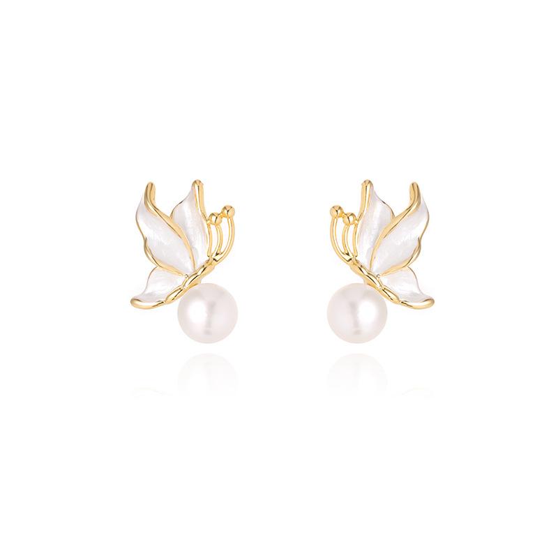 Freshwater Pearl Earrings Butterfly Enamel Design Gold Tone Hypoallergenic Elegant Fashion Jewelry Delicate Ear Studs for Women