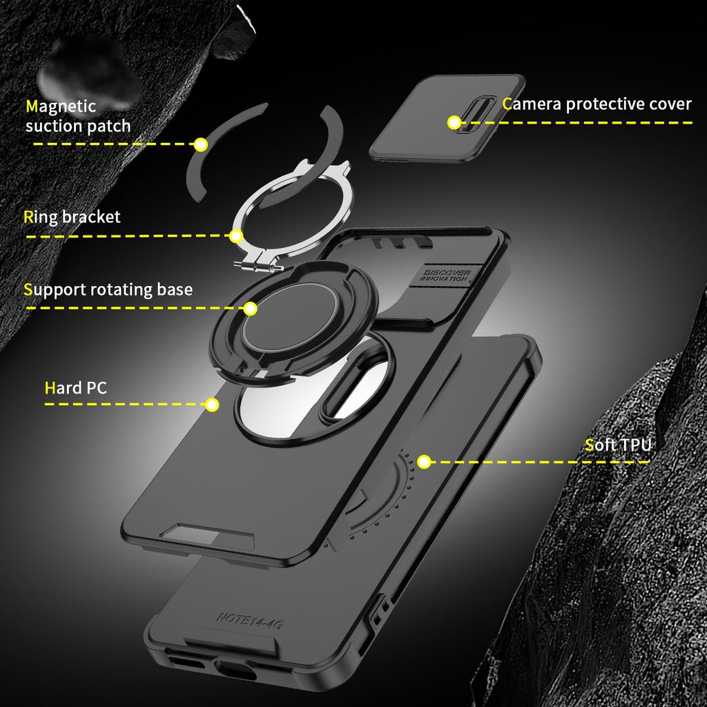 Magnetic Ring Stand Phone Case For Xiaomi Redmi Note 14 4G EU 164.8mm 163.3mm 5G 162.4mm Slide Camera Lens Protection Back Cover