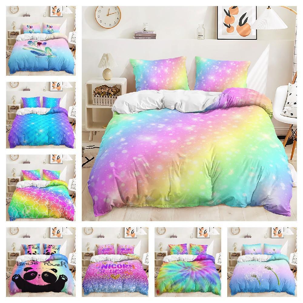 Bed Three-Piece Color Gradual Change Glitter Quilt Cover 3D Digital Printing Kit