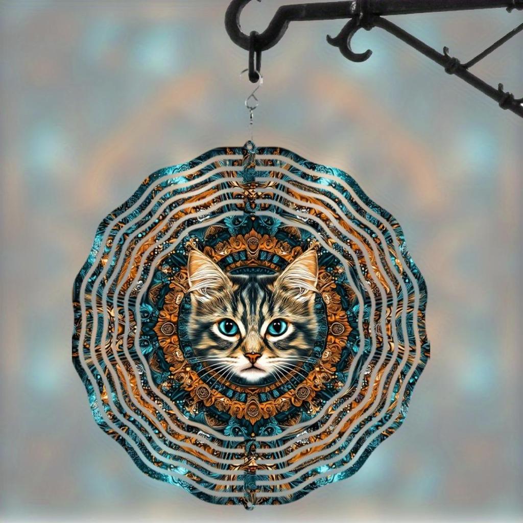 10 Inch Cat Wind Chime Outdoor Garden Decor with 360 Degree Hook Vibrant Blue Gold Design for All Seasons Home Yard Hanging