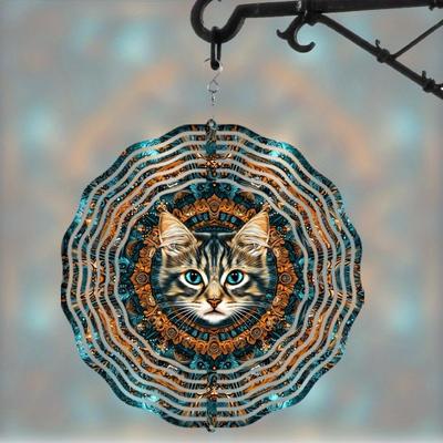 10 Inch Cat Wind Chime Outdoor Garden Decor with 360 Degree Hook Vibrant Blue Gold Design for All Seasons Home Yard Hanging