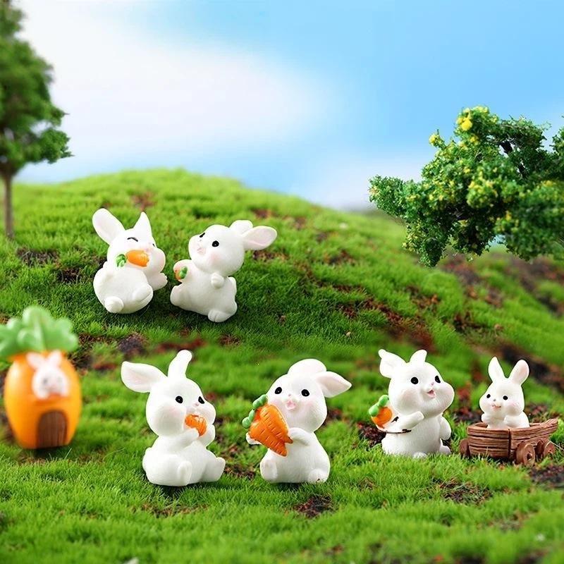5Pcs Mini Rabbit Resin Figurine Cute Cartoon Animal Statue Tiny Landscape Ornament For Micro Garden Easter Decoration