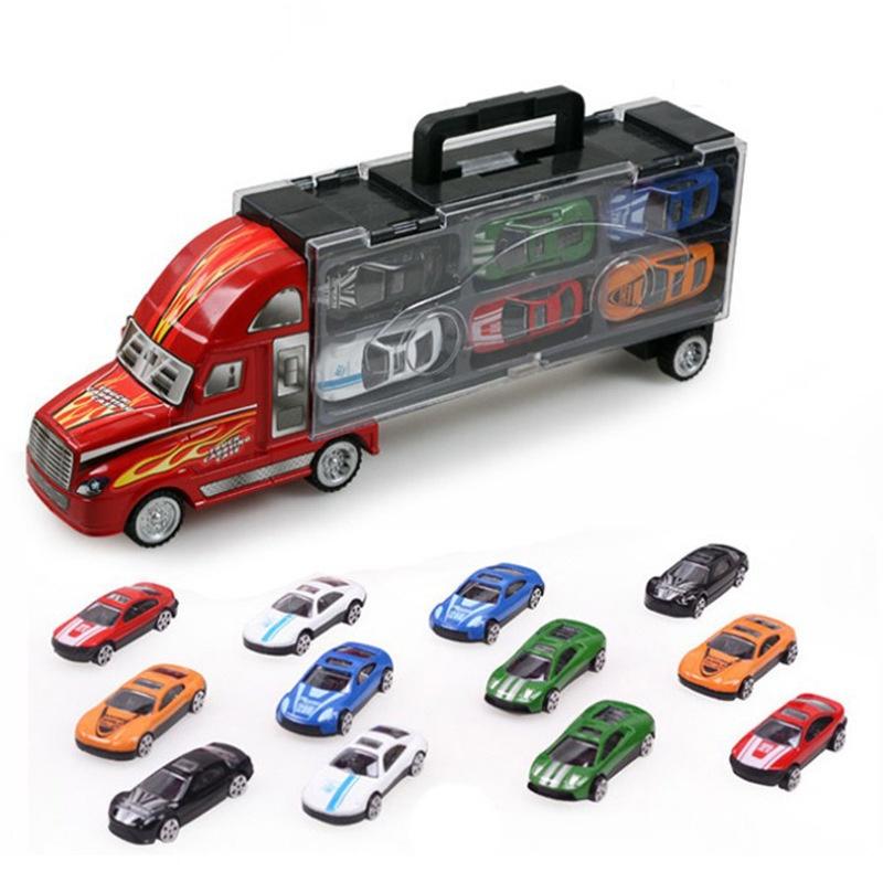 

Durable Kids Vehicles Transport Car Carrier Semi Truck With 12 Mini Cars Gift Set червоний