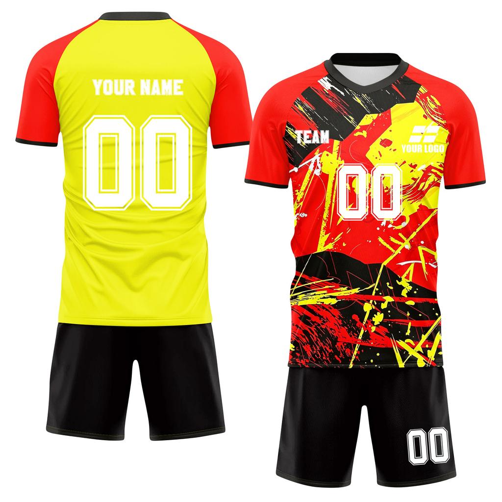 Men's Short Sleeve Two-Piece Soccer Jersey Set Lightweight Breathable Fabric Athletic Sportswear with Graphic Print and Solid Back Design