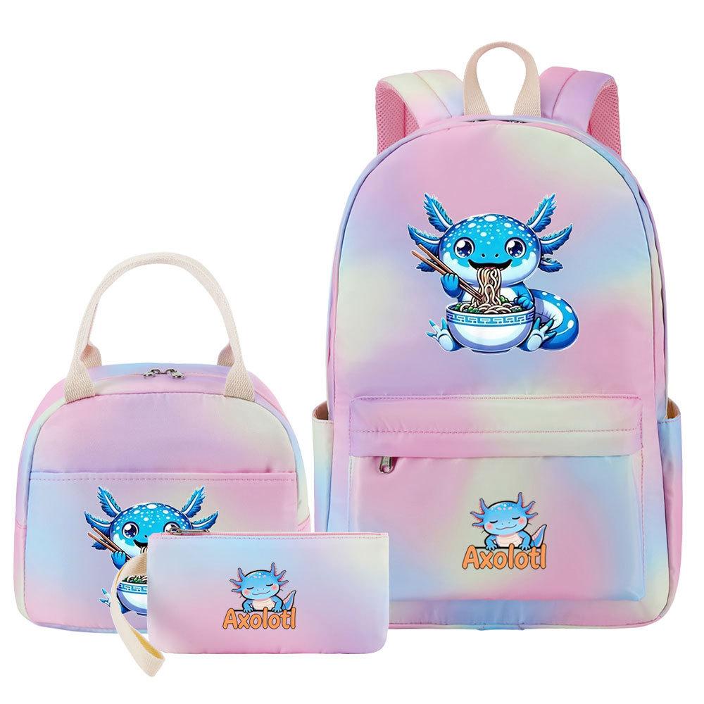 3Pcs Axolotl Backpack for Girls Teen, School Bag with Lunch Box & Pencil Case, Kids Student Daypack, Mochila Back To School Gift