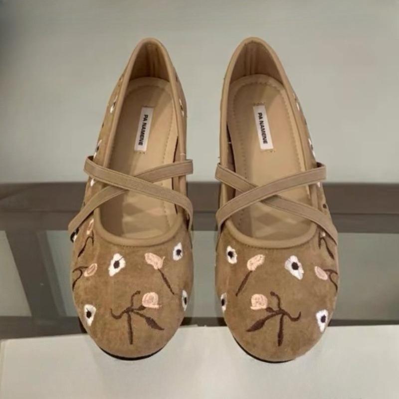 Novelty Suede Embroidery Ballet Flats Women Fashion Round Toe Soft Sole Elegant Mary Jane Shoes Comfort Outdoor Shoes