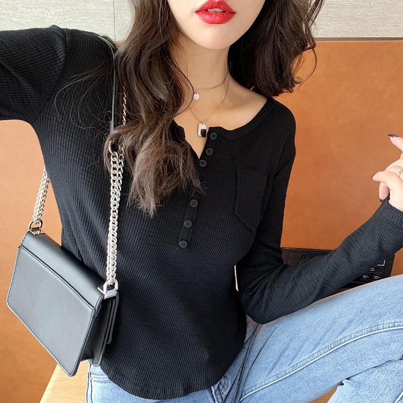 

Трикотажная рубашка с нитками на ключицах для женщин, ранняя осень, новая облегающая футболка с длинными рукавами и коротким топом XL