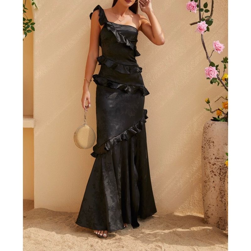 

Export High Quality Slit Mop Retro off-Shoulder Dress Black L