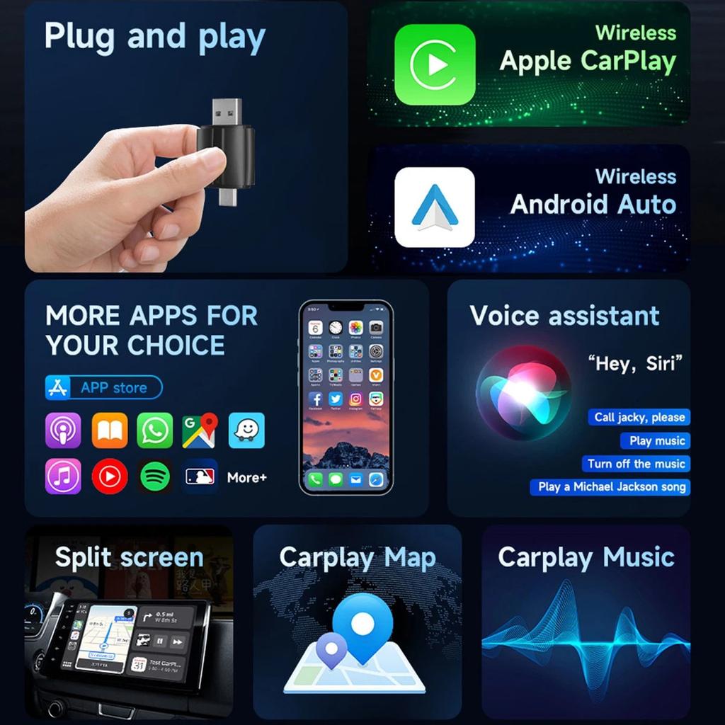 2-in-1 Auto Car Play Wireless Adapter Wireless Adapter Fit IOS Android