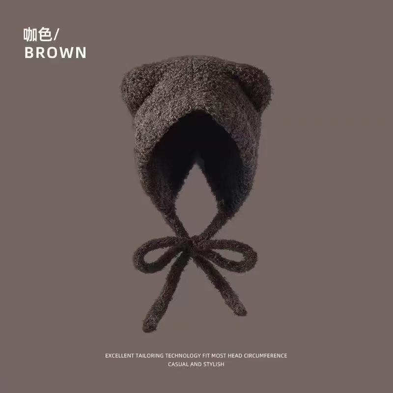 Big head circumference coffee ears cute cartoon bear knitted wool hat children autumn and winter plush pullover hat tide