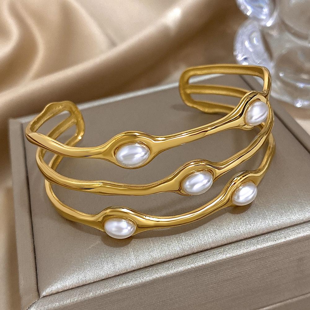 Vintage Layered Gold Plated Pearl Stainless Steel Bracelets for Women Men Bohemia Wide Cuff Open Wrist Party Jewelry Gift