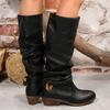 Fashion Slip On Thick Heels Knee High Boots Women Metal Decor Non Slip Pu Leather Boots Woman Plus Size 36-43 Retro Long Botas Mujer