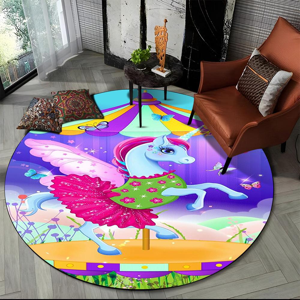 Unicorn Cartoon Animal Round Carpet Rug for Living Room Children's Bedroom Sofa Decor,Kid Paly Game Area Rug Non-slip Floor Mat