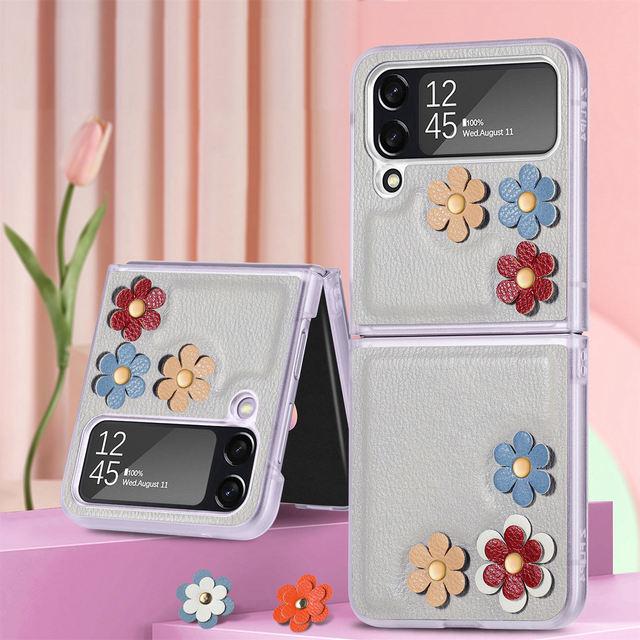 For Samsung Galaxy Z Flip 4 5g Case Korean Style Three -Dimensional Flower Leather Case For Galaxy Z Flip 4 5g Lightweight Cover