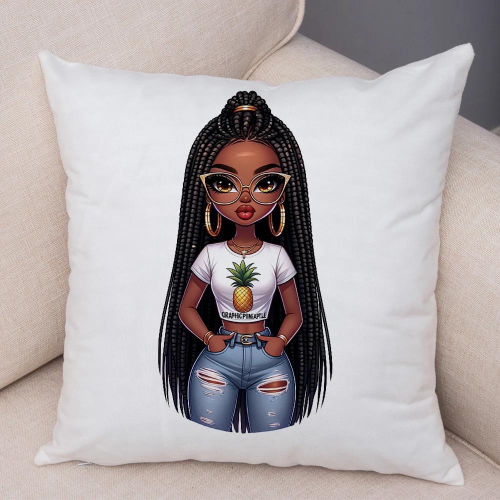 Fashion Cartoon African Girl Pillow Case Soft Plush Cushion Cover for Sofa Home Decor Cute Black Women Throw Pillowcase