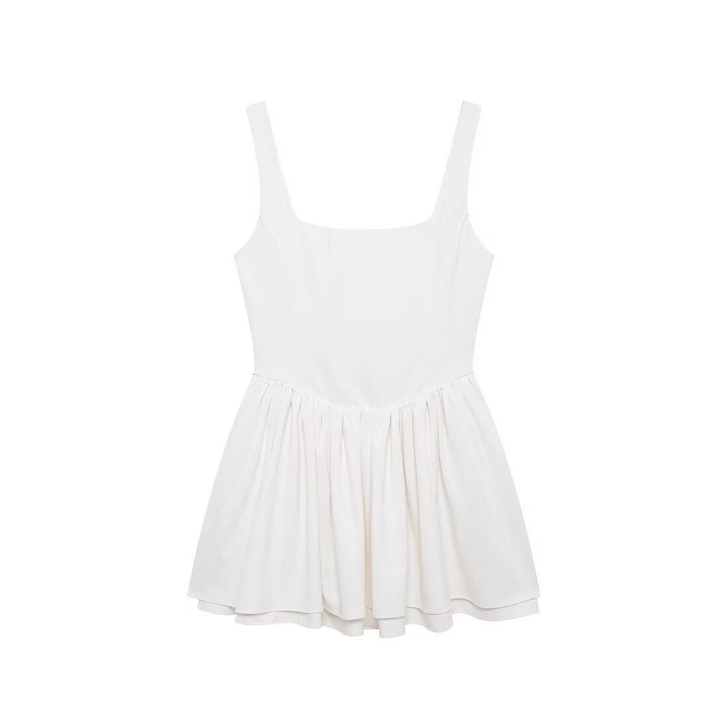 European and American style autumn new solid color sleeveless suspender waist short dress