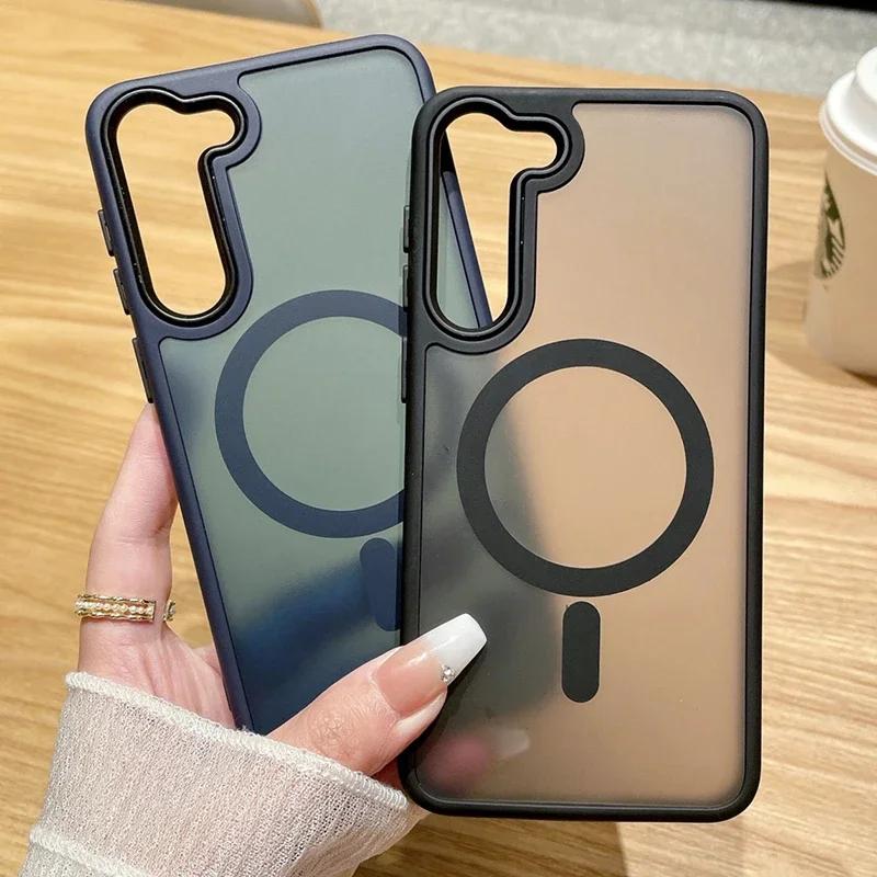 Matte Armor Magnetic Phone Case For Samsung Galaxy S25 S24 S23 S22 Ultra Plus S21 S20 FE Magsafe Wireless Charge Bumper Cover
