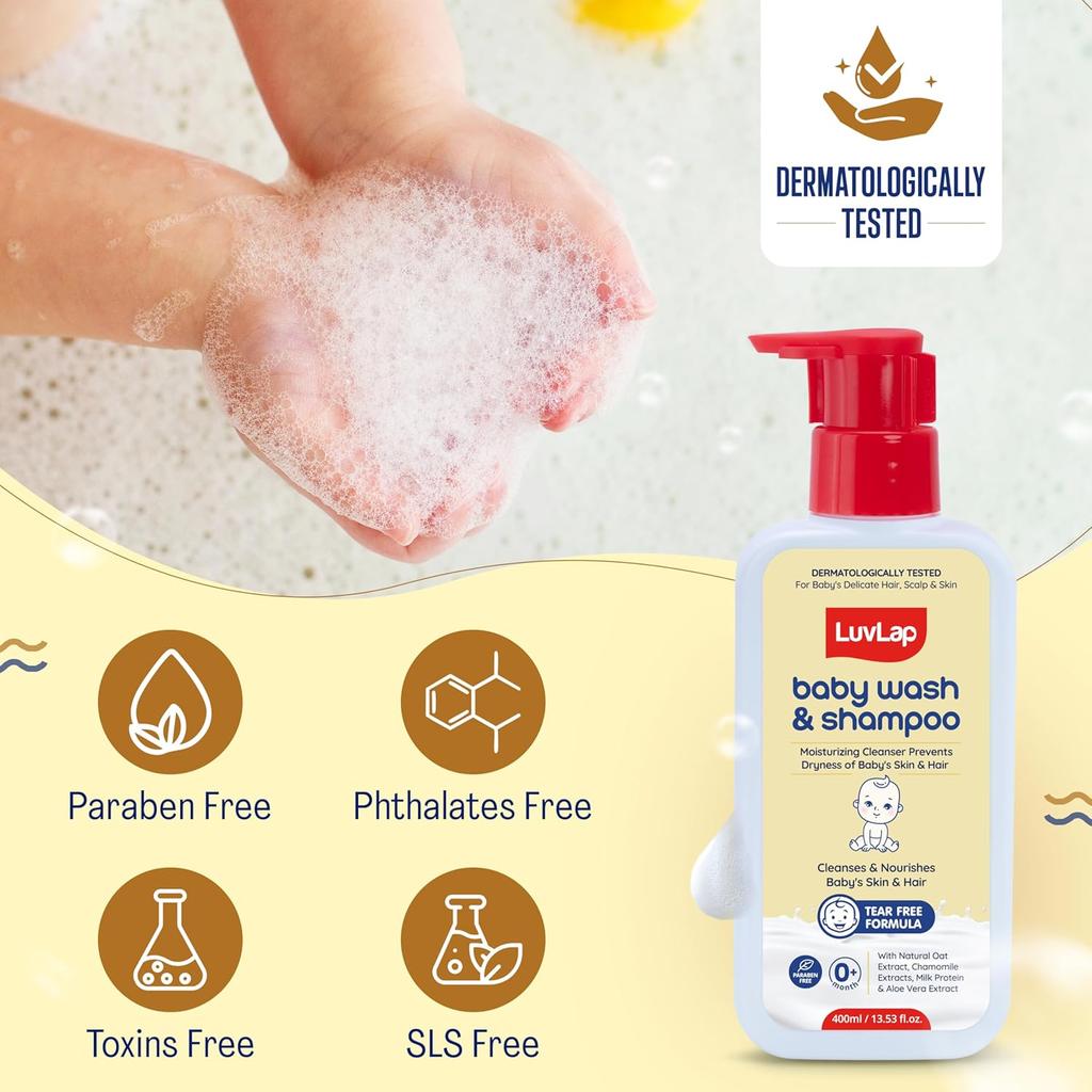 LuvLap Baby Wash & Shampoo 400ml - Gentle 2-in-1 Head To Toe Cleanser with Oatmeal & Shea Butter, Paraben & Tear Free