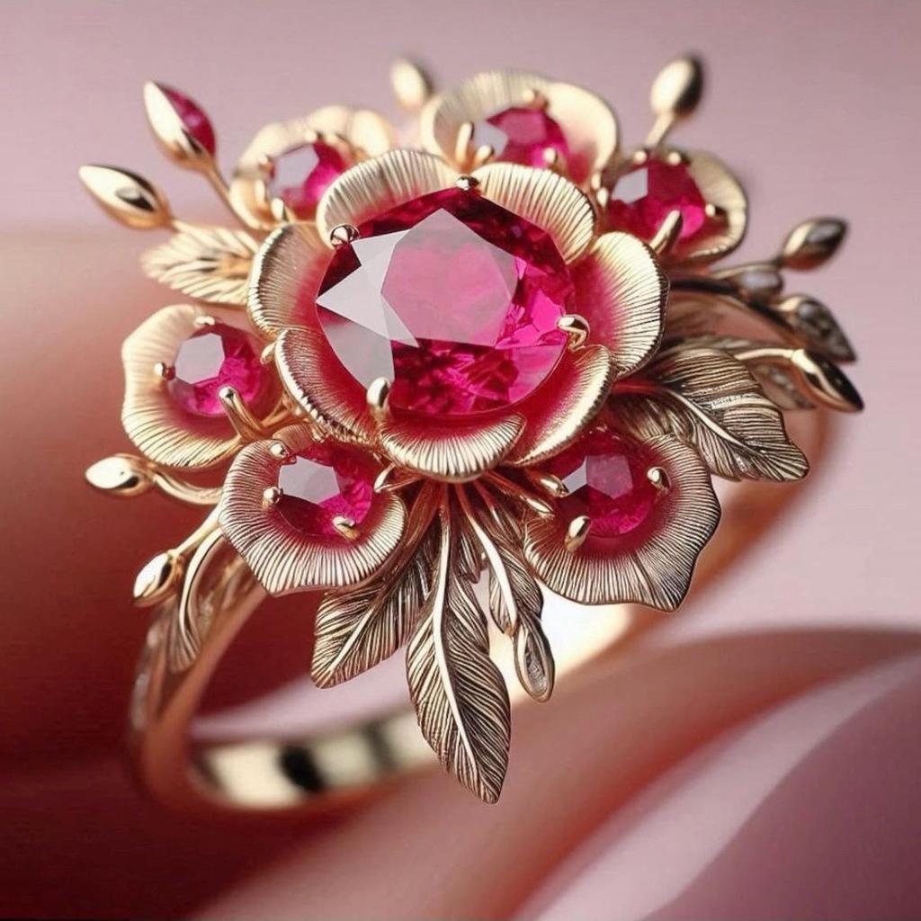 Exaggerated Gold Pink Diamond Flower Ring - 2026 Collection