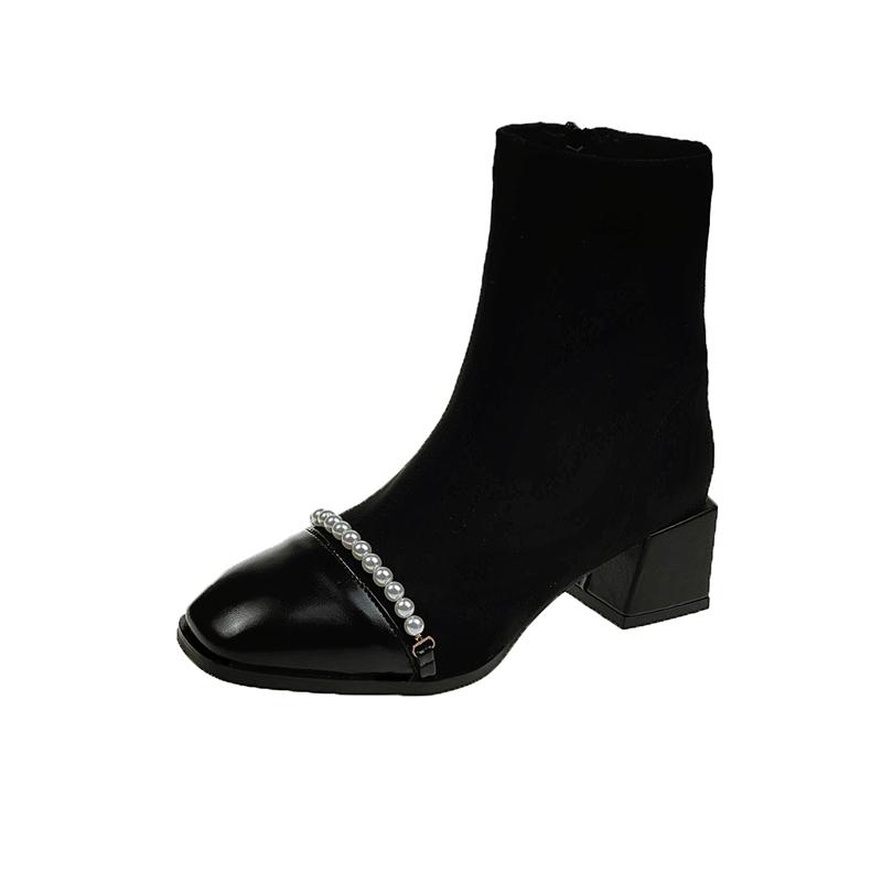 Fashion Stylish Beaded Spliced Suede Side Zipper Non-Slip Wear-Resistant Block Heel Short Thigh Boots Autumn New Single Boots